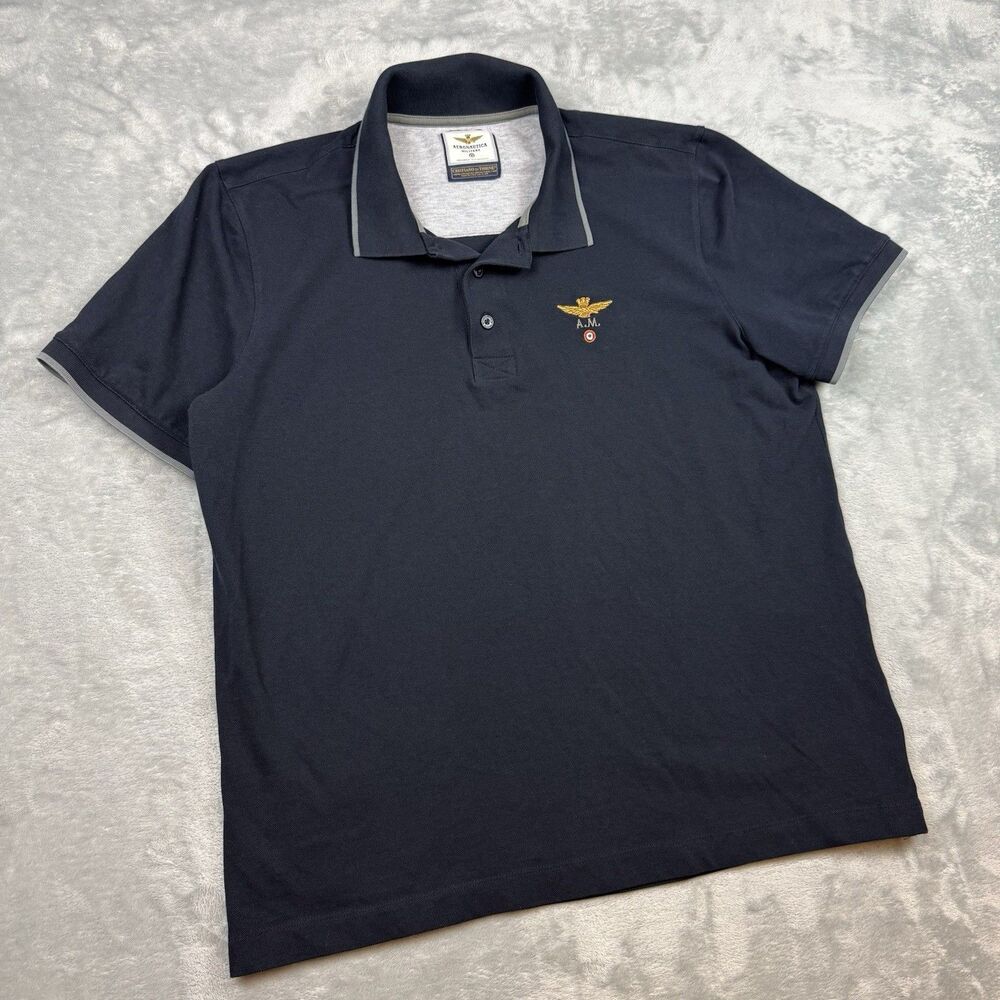 Aeronautica Militare Men Black Polo XXL Logo Applique Graphic Print Used